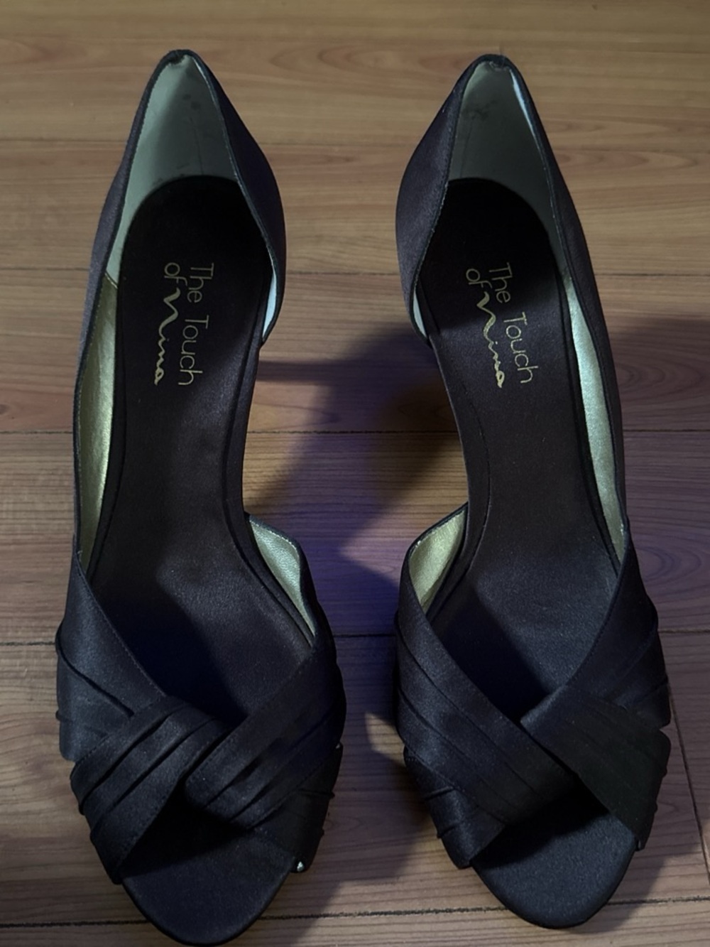 Touch of Nina Brown Satin D'Orsay Peep-Toe Heels with Twist Detail